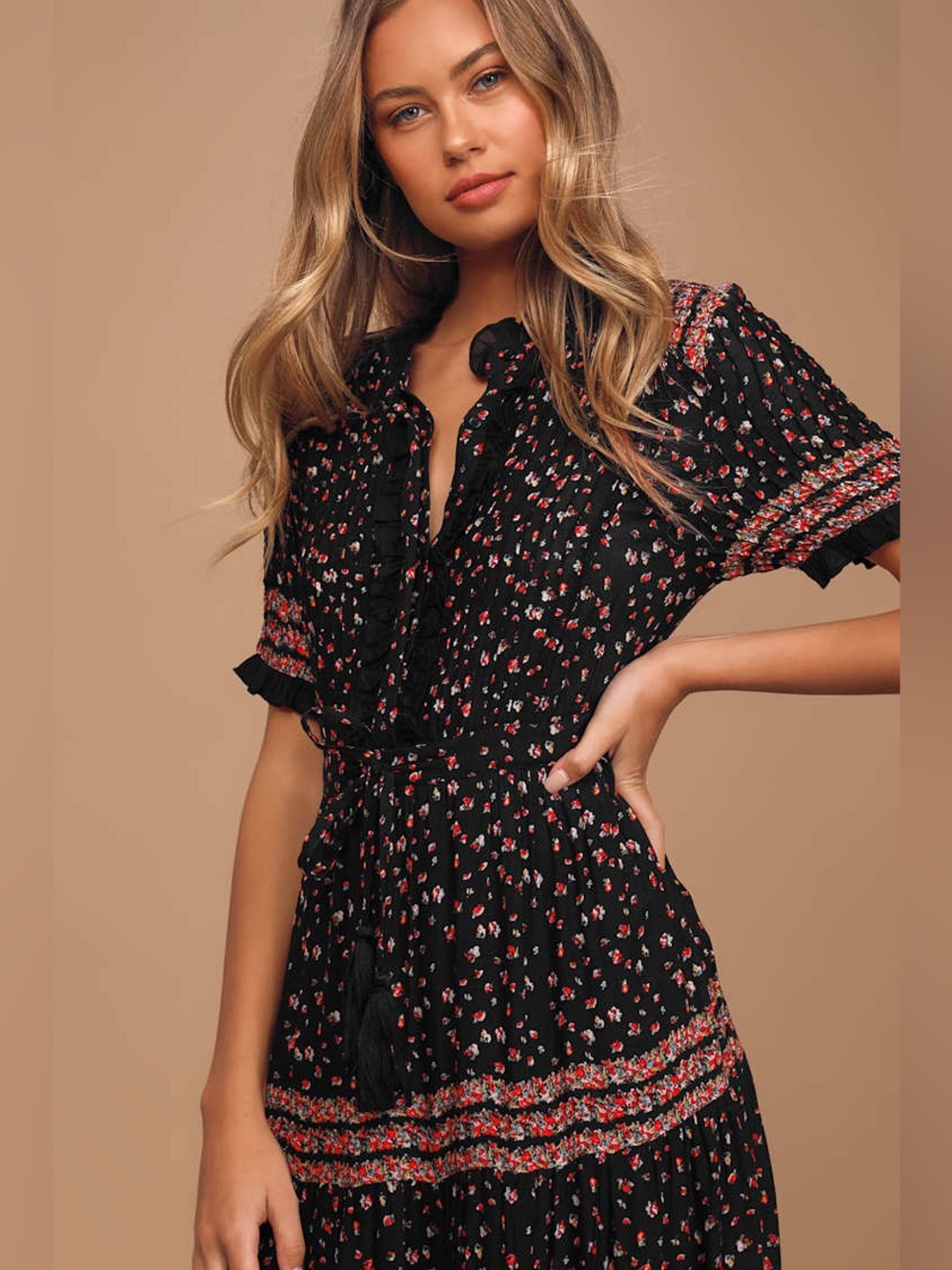 Free People Rare Feelings Black Floral Print Tiered Pleated Maxi Dress Size L - Picture 3 of 14